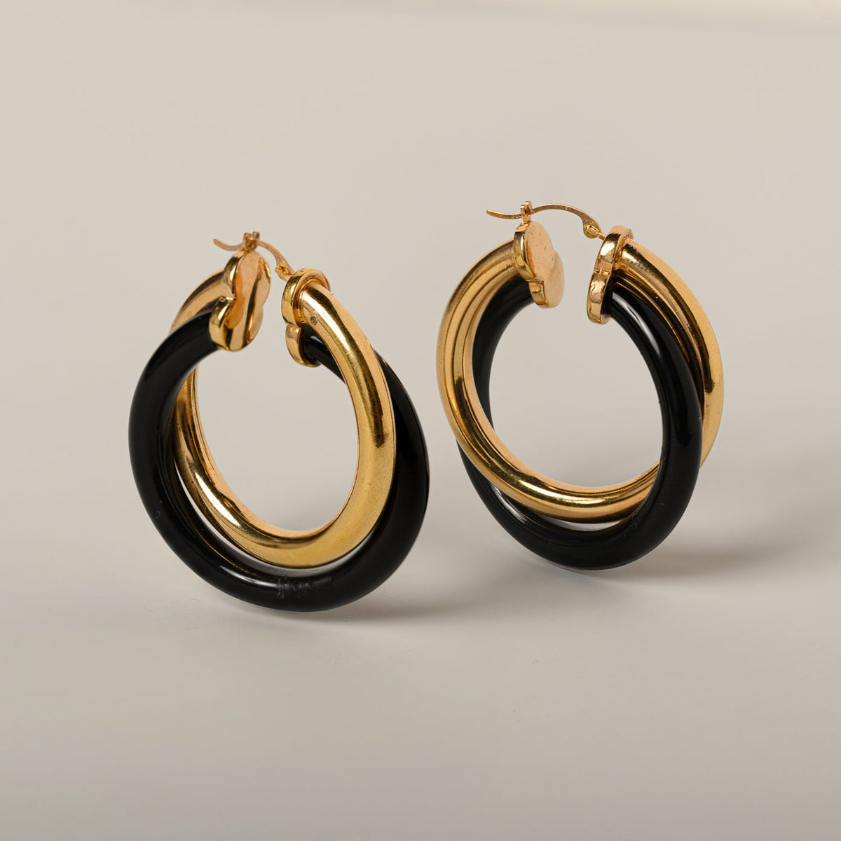 14k yellow gold black onyx twist contemporary estate hoop earrings