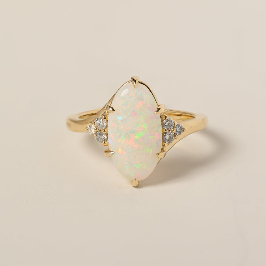 14k yellow gold 1.72ct oval opal bypass ring diamond trio side stones 6 claw prong cocktail ring