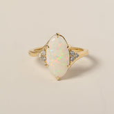 14k yellow gold 1.72ct oval opal bypass ring diamond trio side stones 6 claw prong cocktail ring