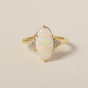 14k yellow gold 1.72ct oval opal bypass ring diamond trio side stones 6 claw prong cocktail ring