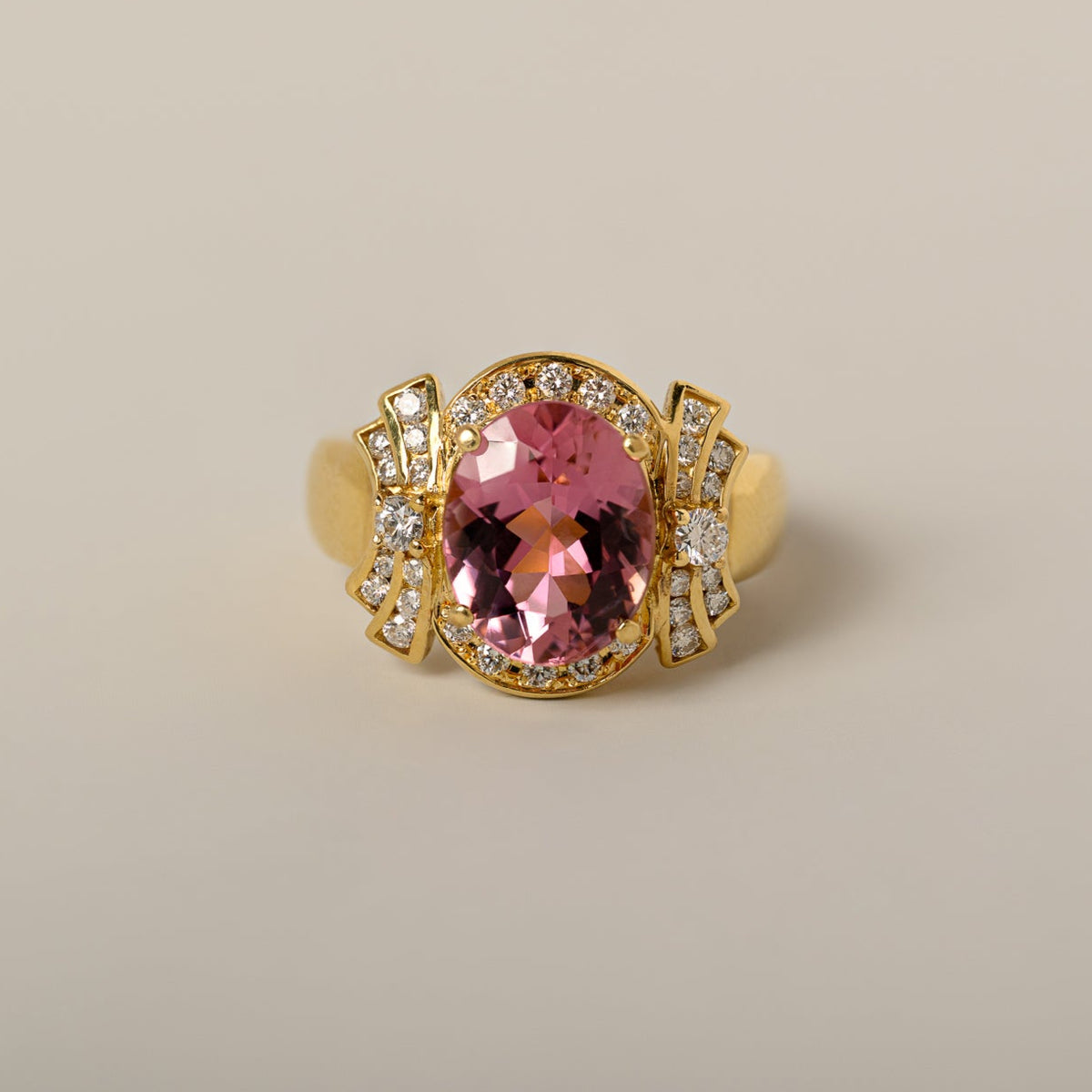 18k yellow gold oval pink tourmaline diamond accents contemporary estate cocktail ring