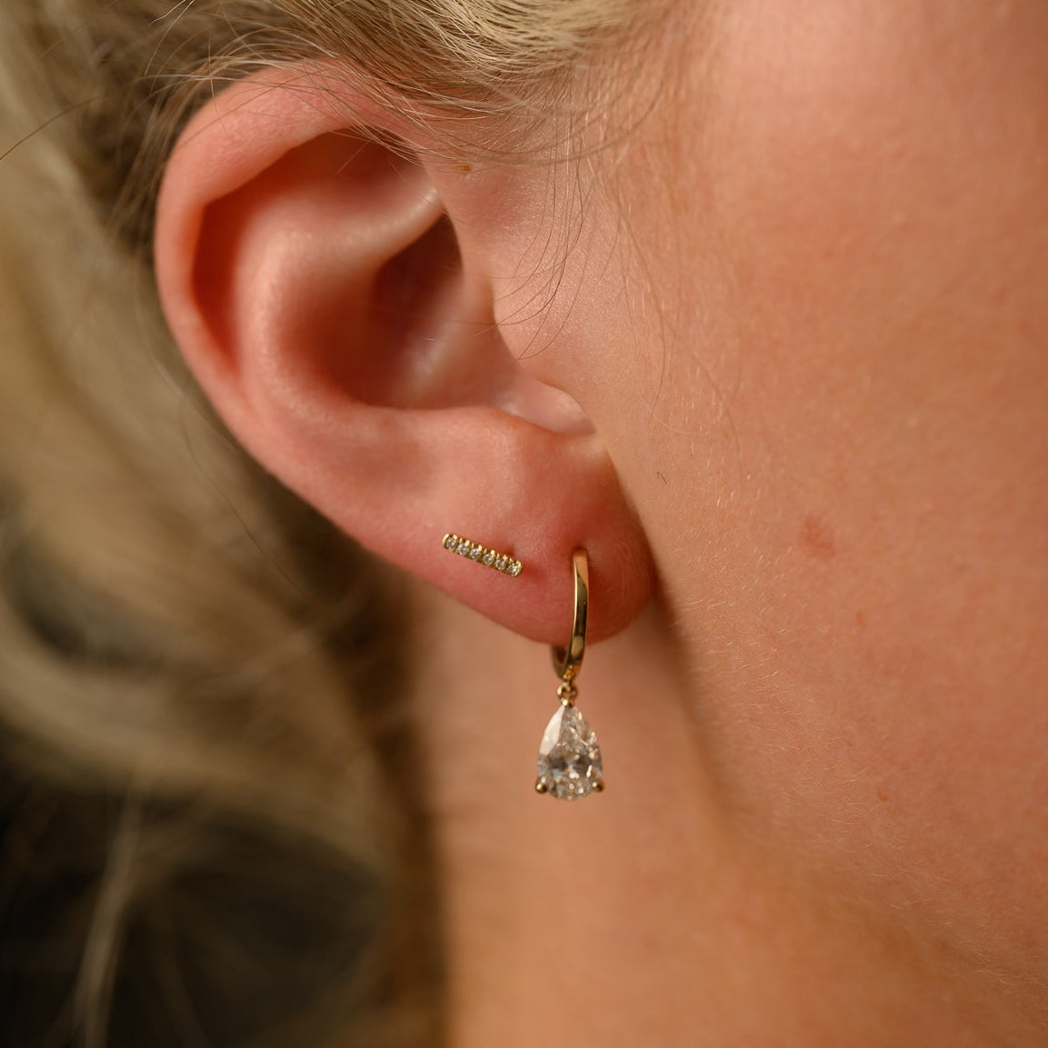 14k yellow gold pear shape lab diamond huggie hoop dangle earrings