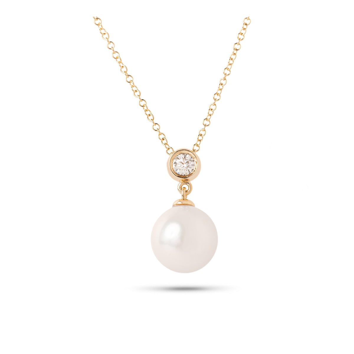 14k yellow gold bezel set diamond with drop pearl pendant necklace