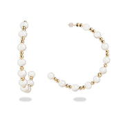 18k yellow gold freshwater pearl and gold bead large open hoop earrings