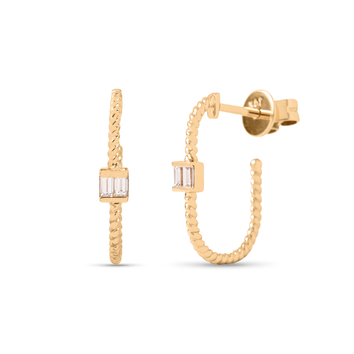 14k yellow gold baguette diamond rope twist J hoop earrings