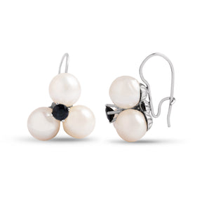 12k white gold estate pearl trio earring with blue sapphire detail