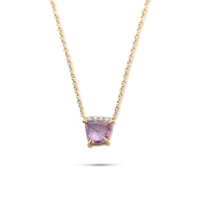 pink sapphire slice necklace with line of white diamonds set in 14k yellow gold with a yellow gold chain