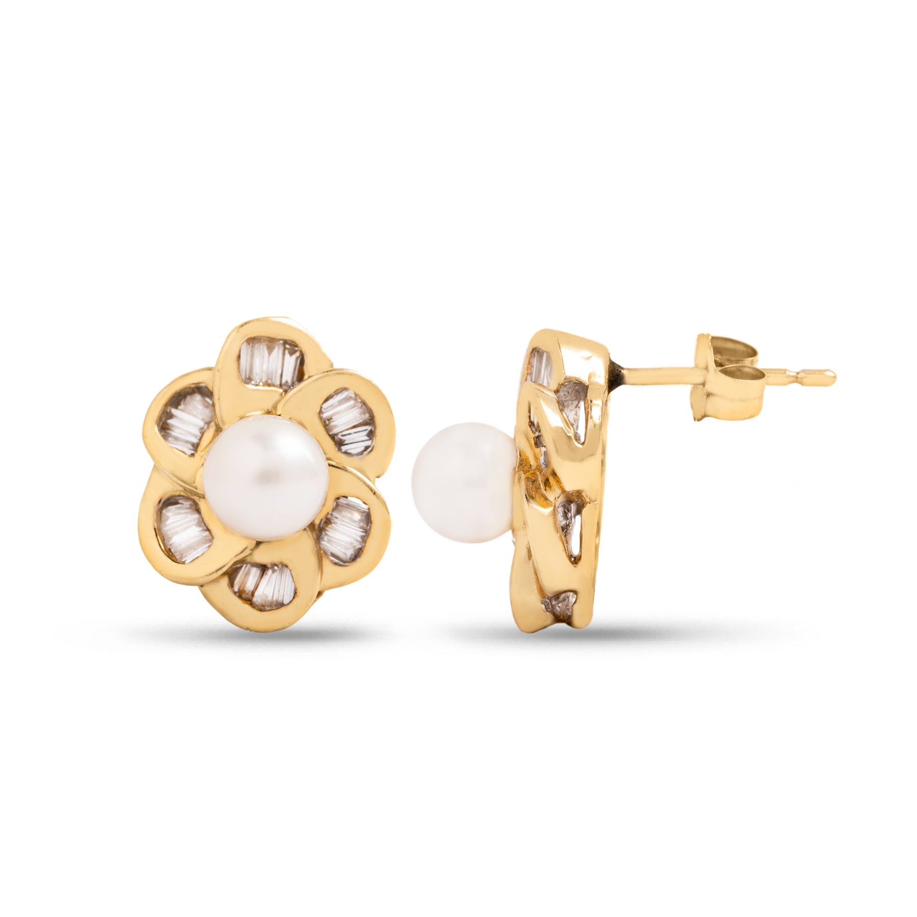 14k yellow gold floral diamond and pearl stud estate earrings