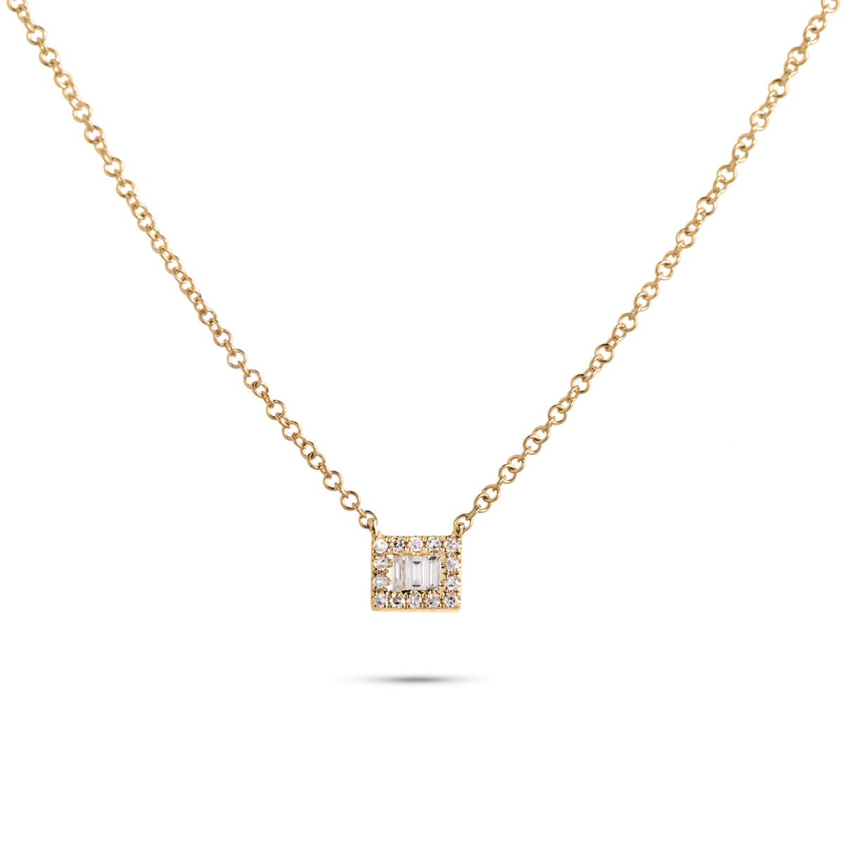 14k yellow gold baguette diamond white topaz diamond halo rectangle illusion pendant necklace