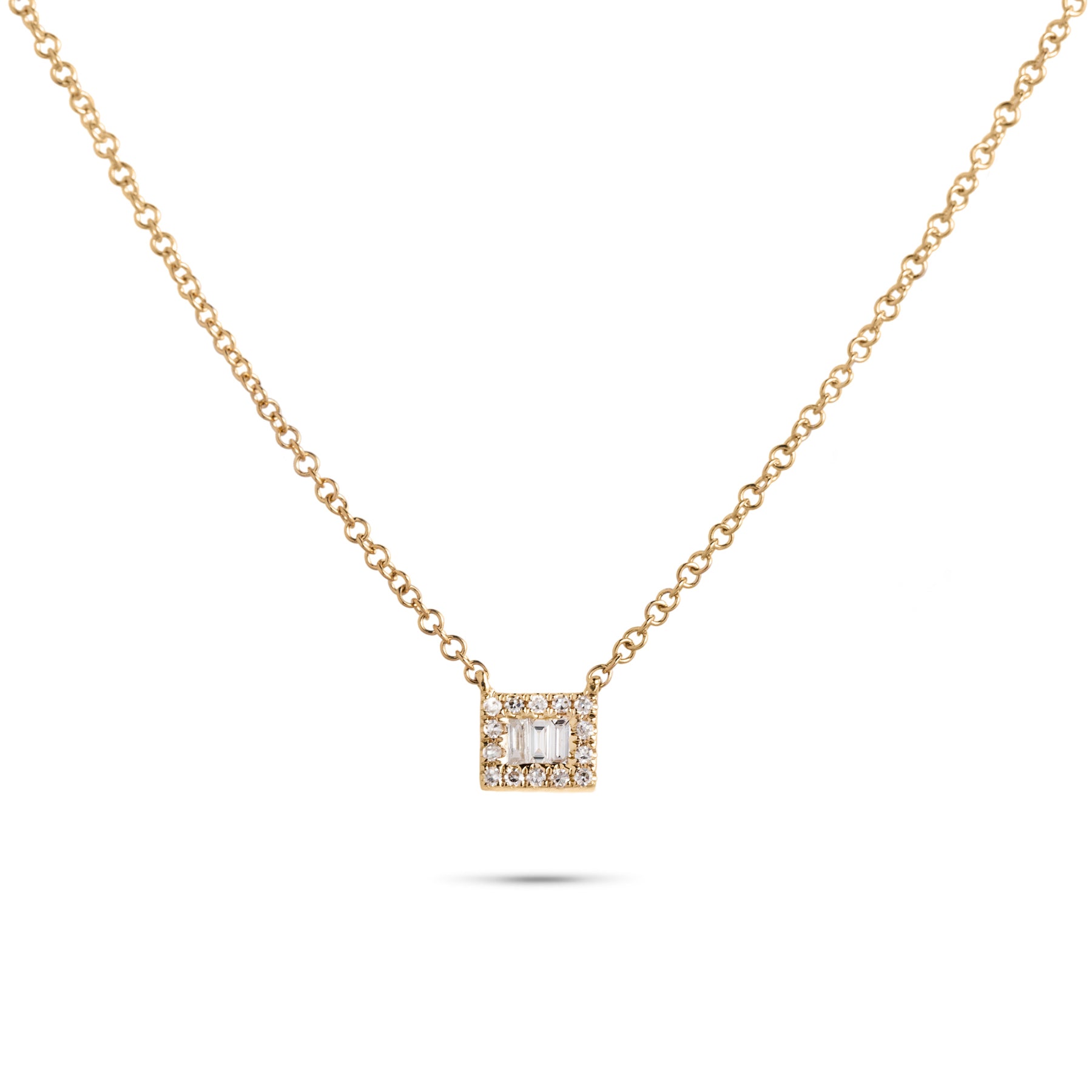 14k yellow gold baguette diamond white topaz diamond halo rectangle illusion pendant necklace