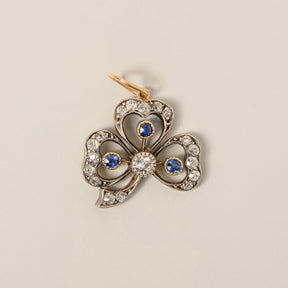 14k yellow gold edwardian era vintage sapphire diamond three leaf clover pendant charm