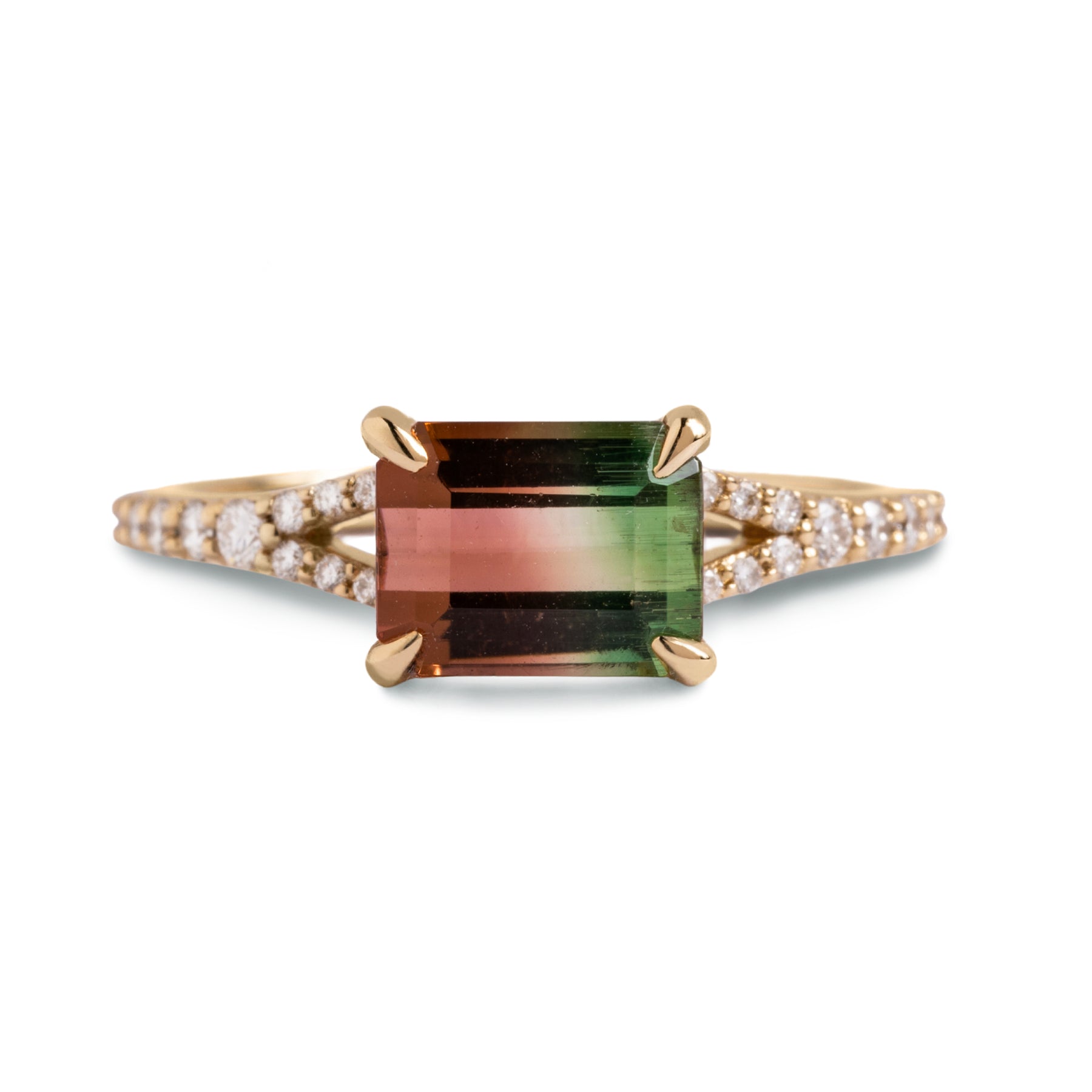 1.91ct octagon shape watermelon tourmaline east west diamond pave split shank 14k gold gemstone cocktail ring