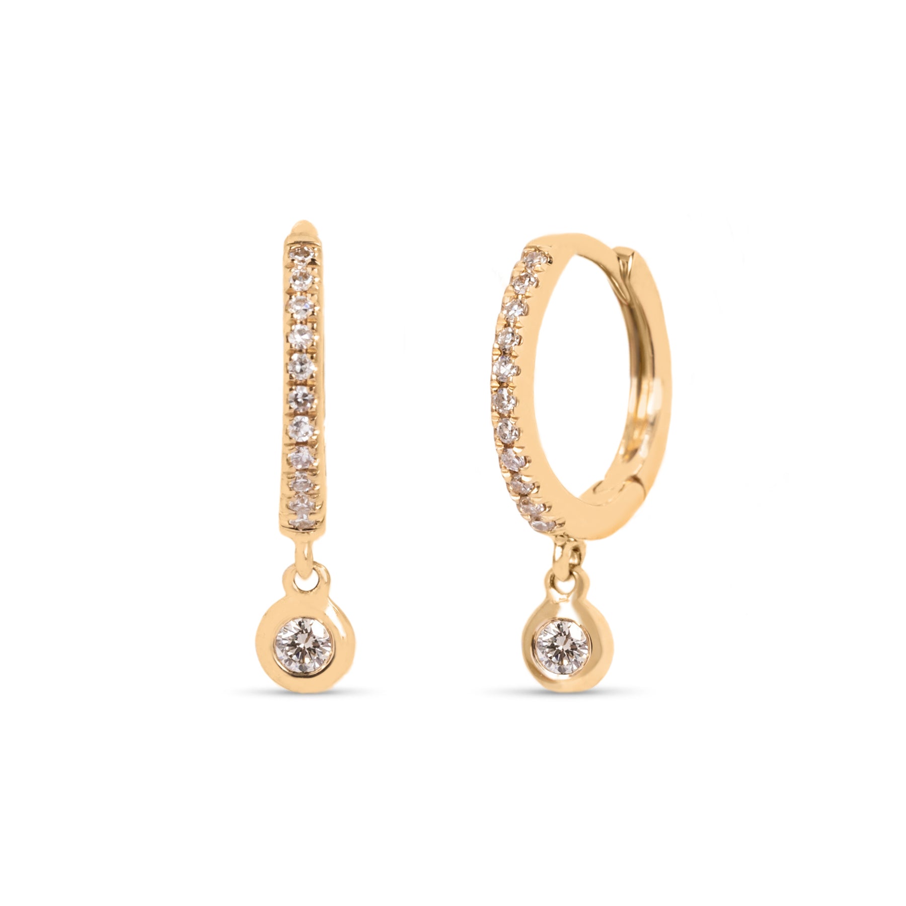 14k yellow gold diamond pave huggie hoops with diamond bezel dangle charm earrings