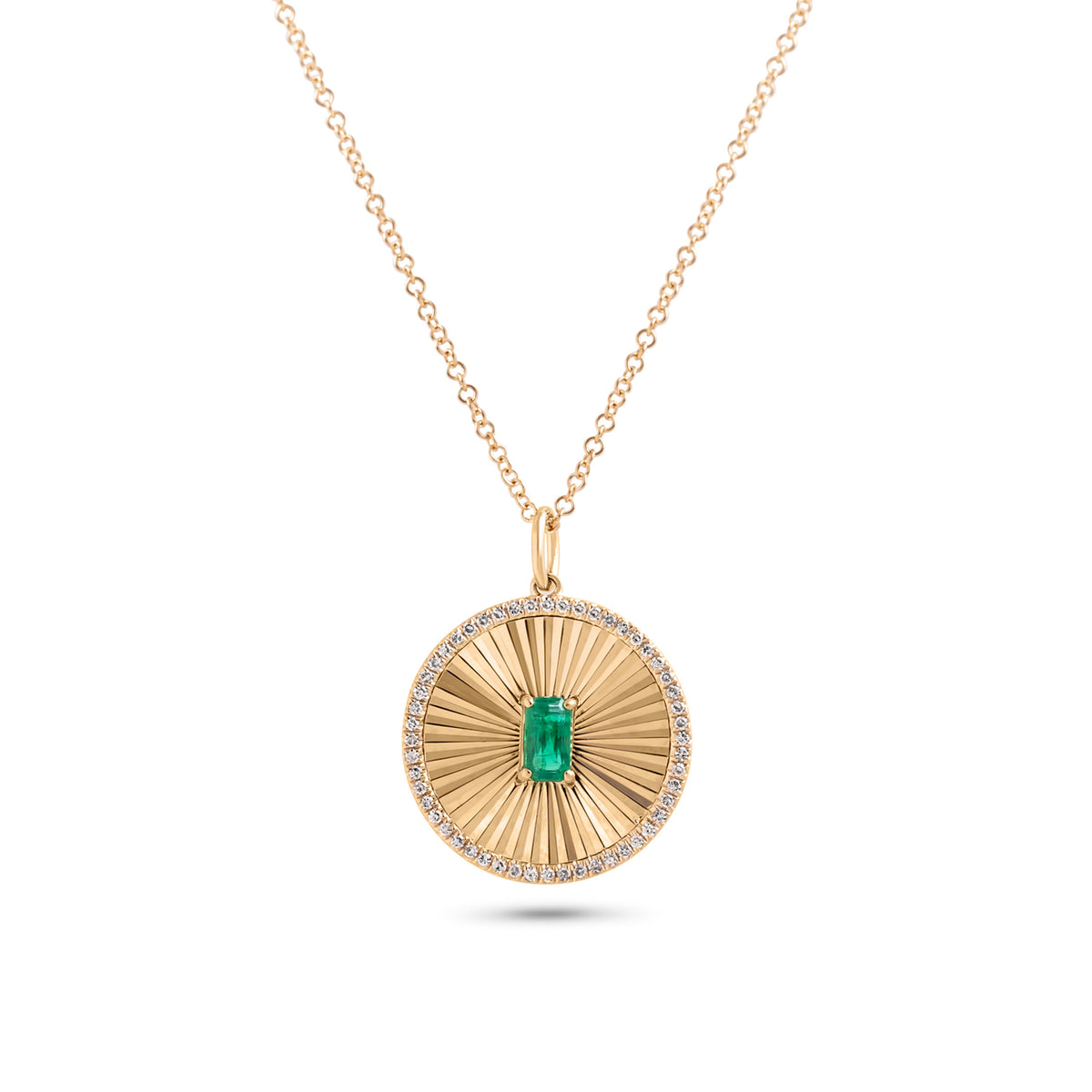 14k yellow gold fluted diamond disc pendant with emerald cut emerald