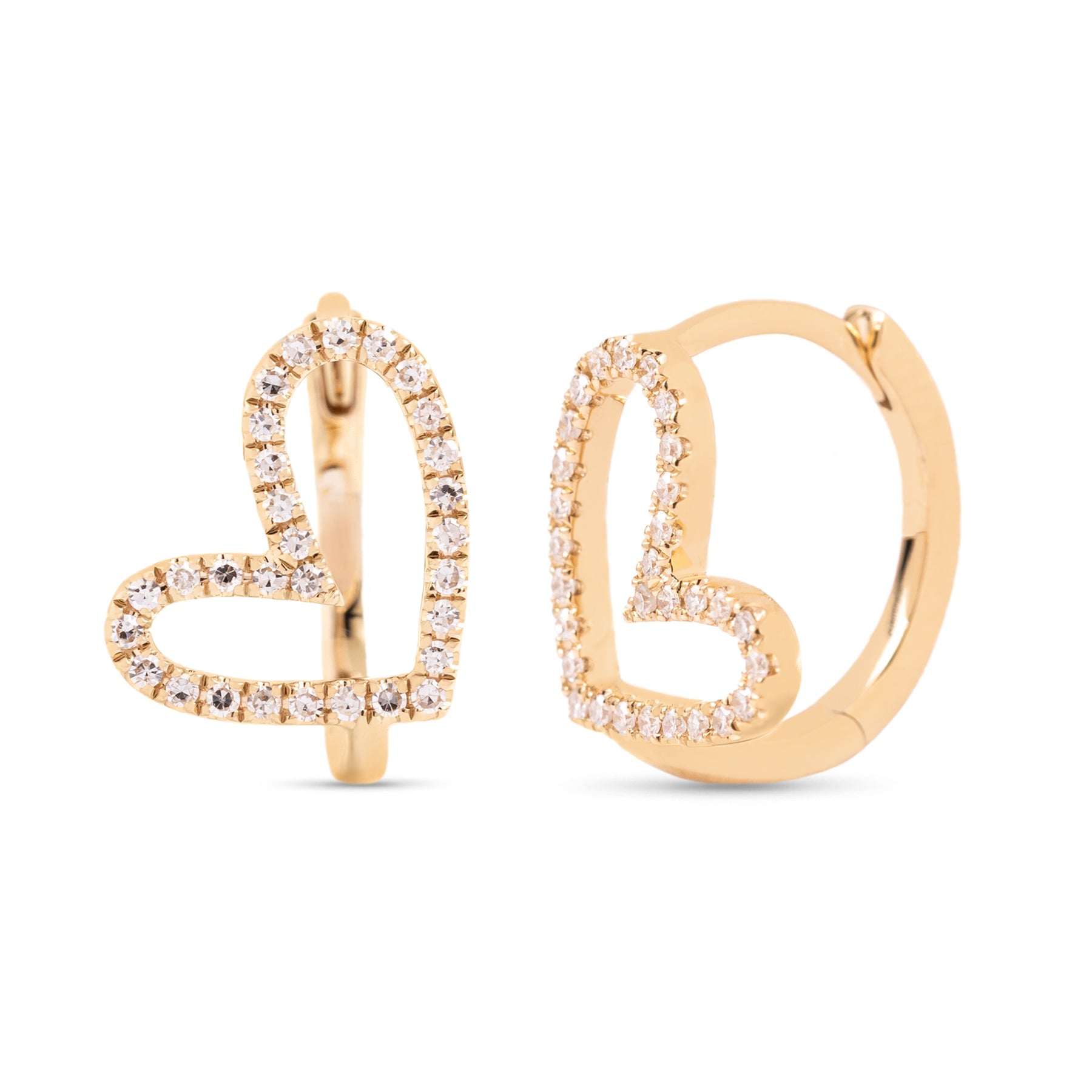 14k yellow gold diamond pave tilted heart huggie hoop earrings