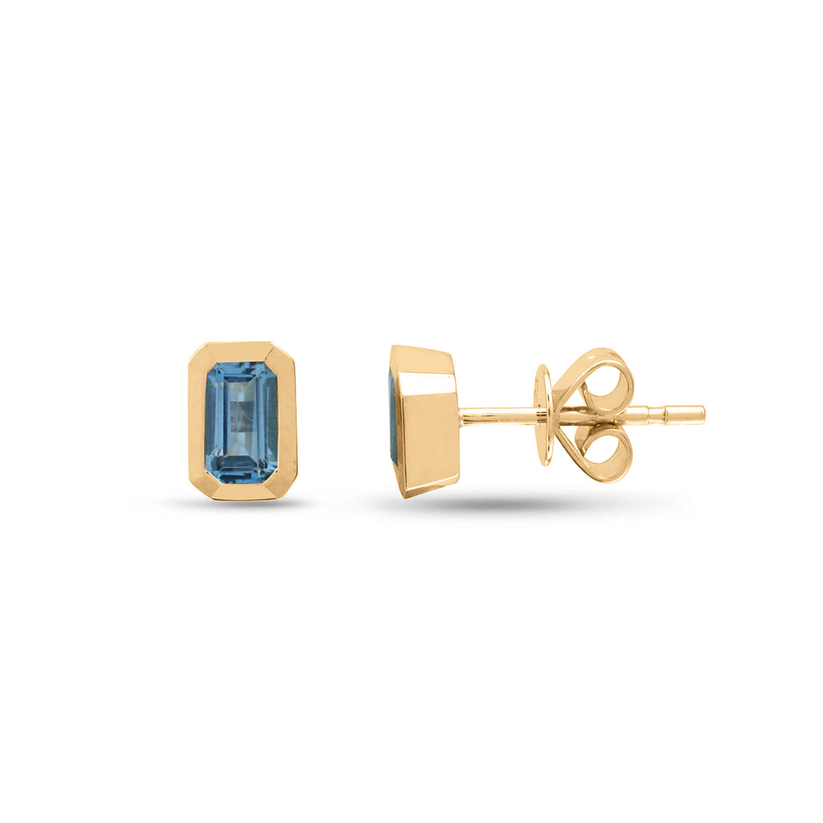 14k yellow gold bezel set gemstone earrings  in blue topaz, amethyst, ruby, emerald, or white topaz