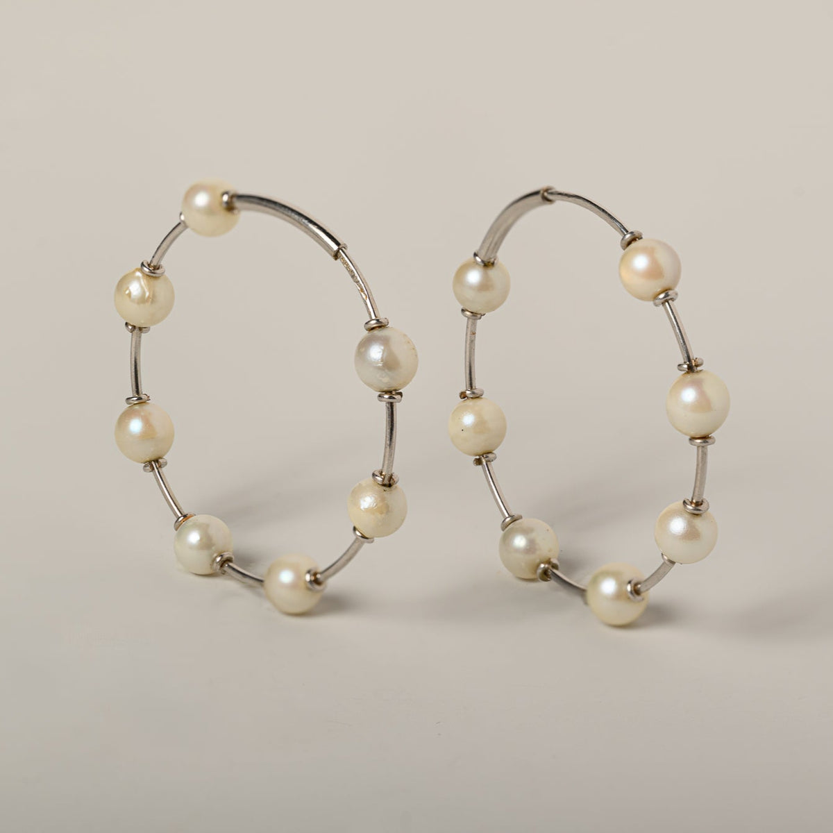 18k white gold pearl station hoops contemporary estate earrings