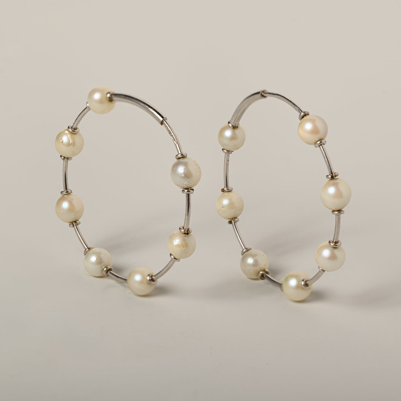 18k white gold pearl station hoops contemporary estate earrings