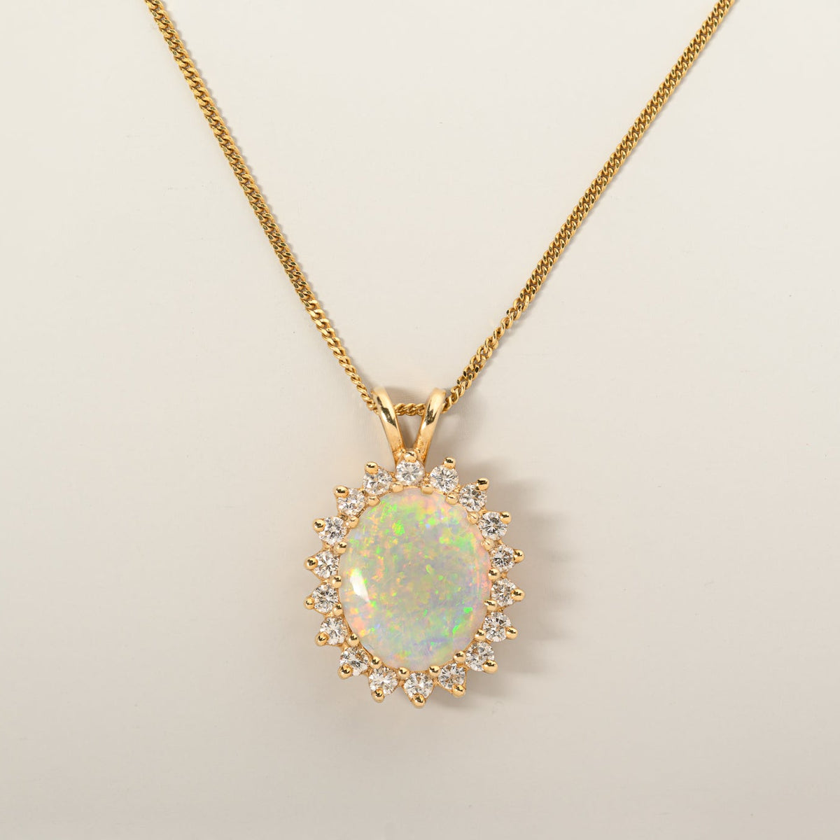 14k yellow gold oval opal with diamond halo contemporary estate pendant necklace 18"