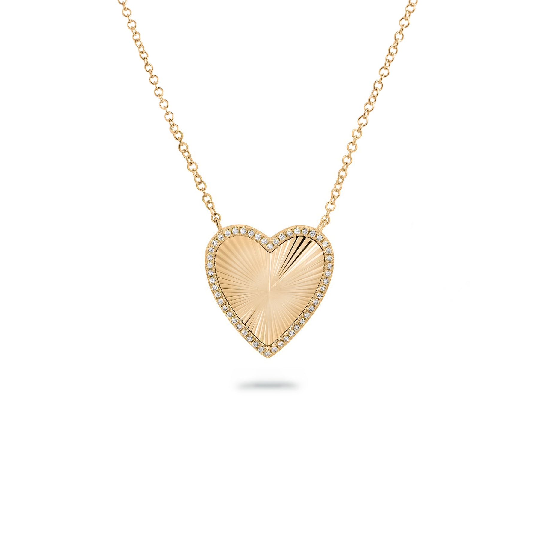 14k yellow gold fluted heart shaped pendant with diamond pave outline necklace