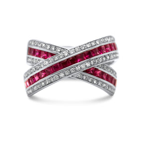 estate 14k white gold diamond and ruby crossover ring