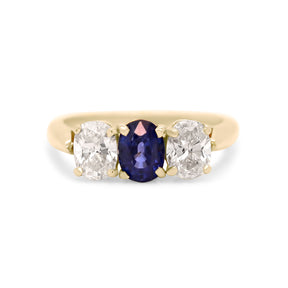 14k yellow gold oval 3 stone diamond and sapphire ring
