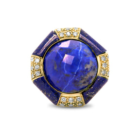 estate 14k yellow gold lapis and diamond octogonal ring