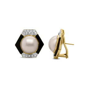 Estate 14ky Mabe Pearl, Diamond & Onyx Earrings