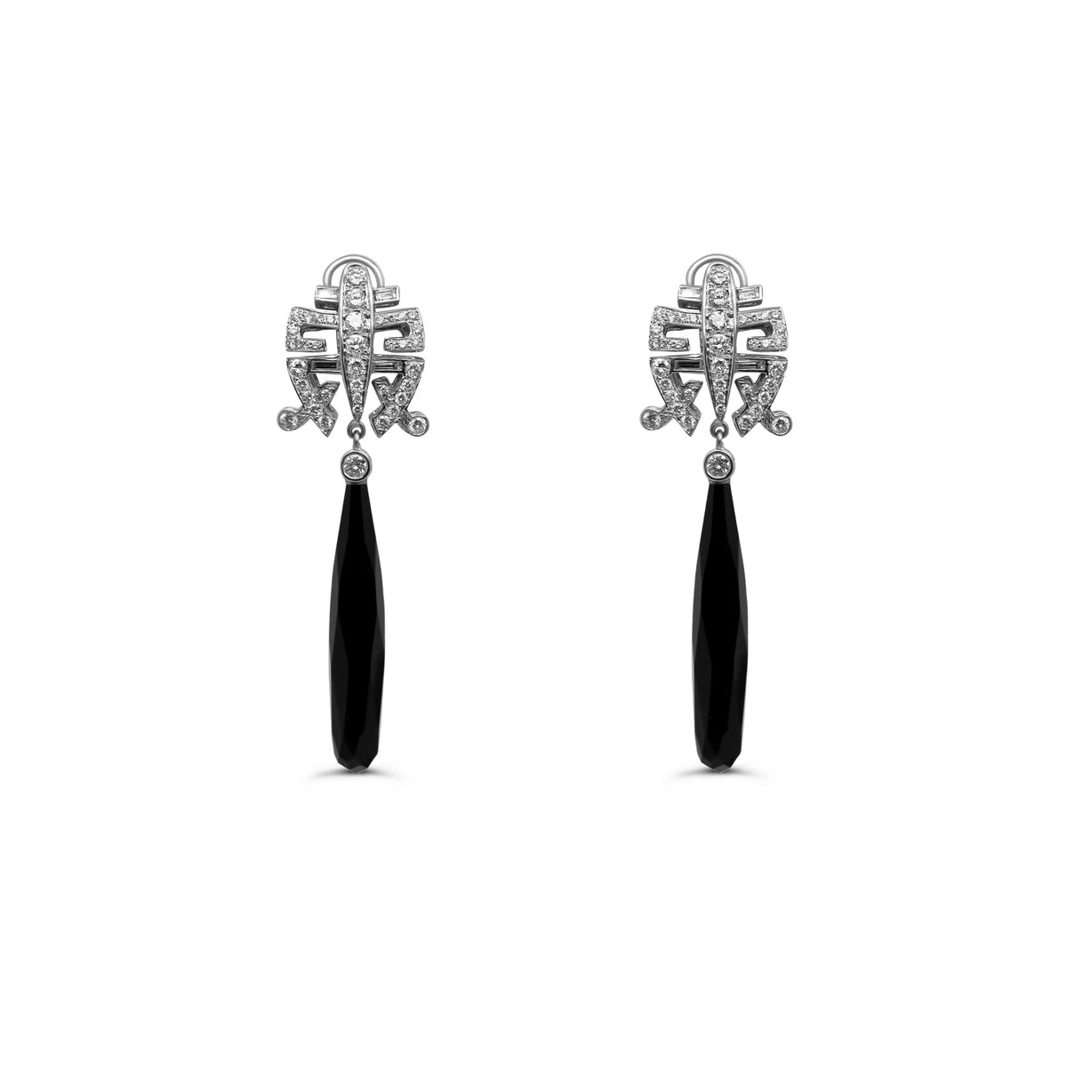 Estate 18kw Diamond and Onyx Drop Earrings