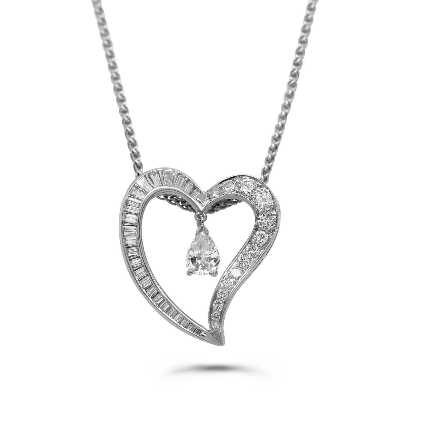 Estate 14K White Gold Diamond Drop Heart Necklace