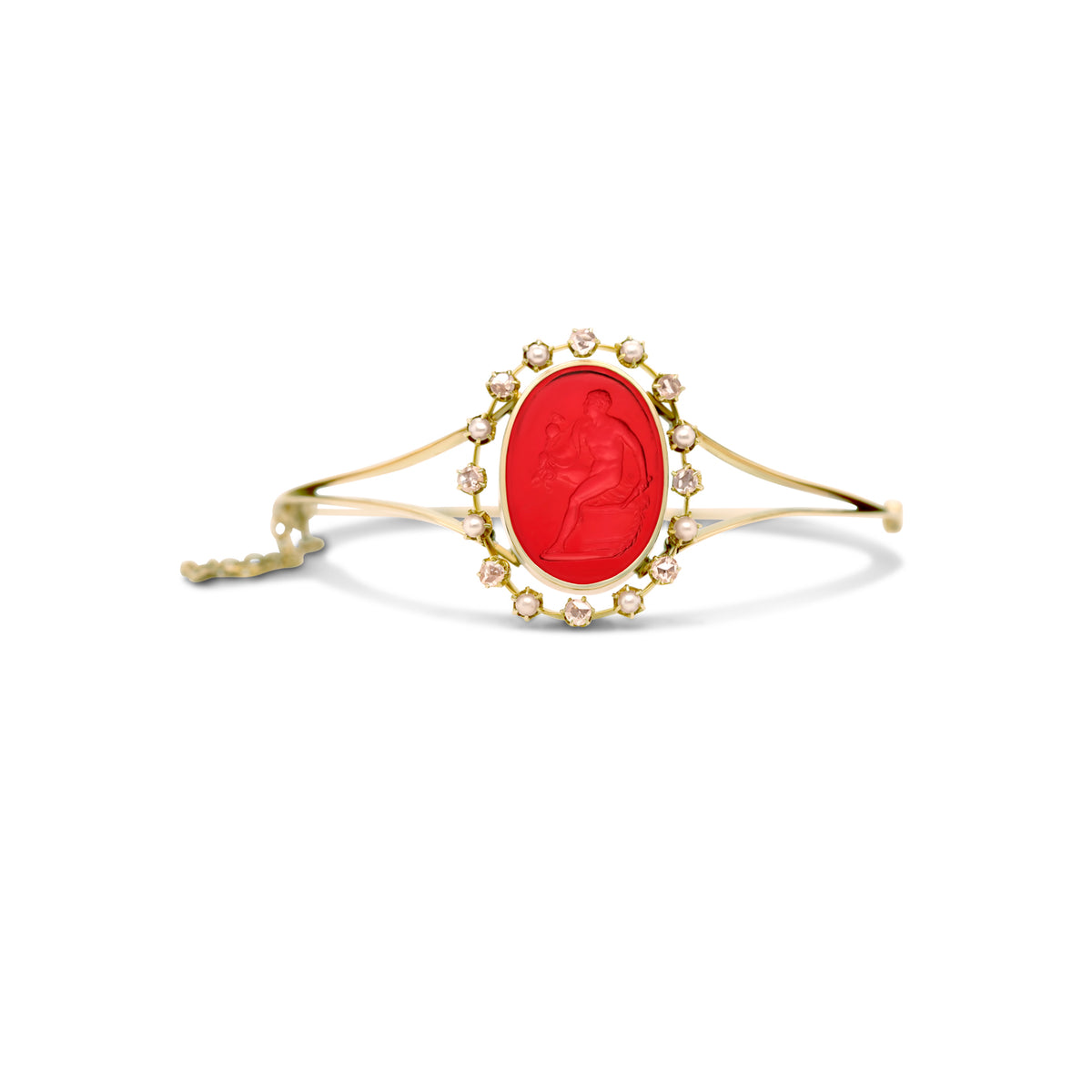 Estate 14k Yellow Gold Red Intaglio Diamond and Pearl Bangle