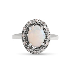 14k white gold estate opal with diamond halo ring size 5.5