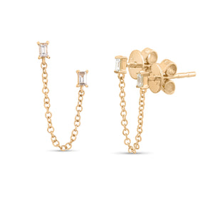 14k yellow gold double baguette diamond stud earrings with chain