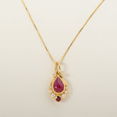 18k yellow gold bezel set pear shape cabochon ruby diamond accent pendant necklace 17-19" contemporary estate