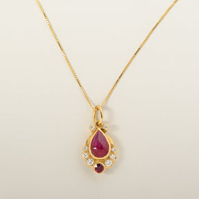 18k yellow gold bezel set pear shape cabochon ruby diamond accent pendant necklace 17-19" contemporary estate