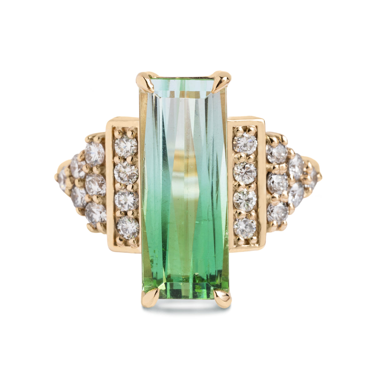 5.78ct skinny emerald cut bicolor tourmaline diamond cocktail ring 14k gold