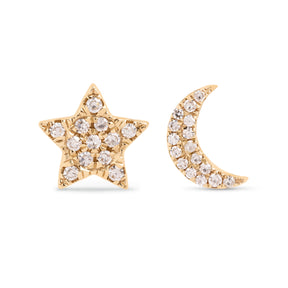 14k yellow gold diamond pave moon and star mixed matched stud earrings