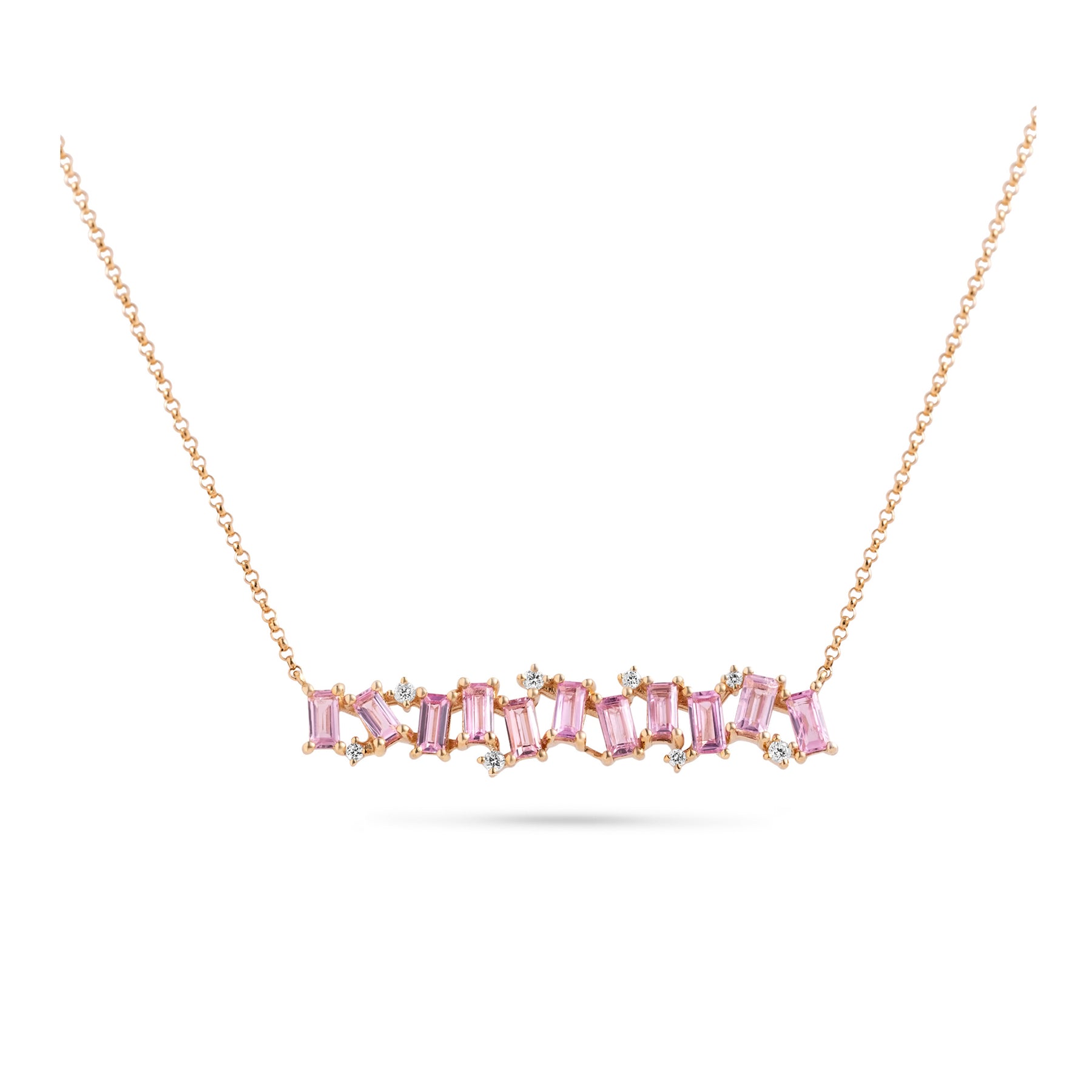 14k yellow gold diamond and pink sapphire bar style necklace