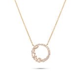 14k yellow gold open circle diamond pendant with half baguette diamond clusters and half graduated round diamonds necklace