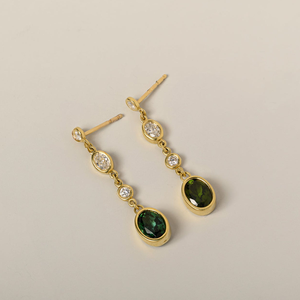 18k yellow gold oval green tourmaline diamond dangle contemporary estate earrings