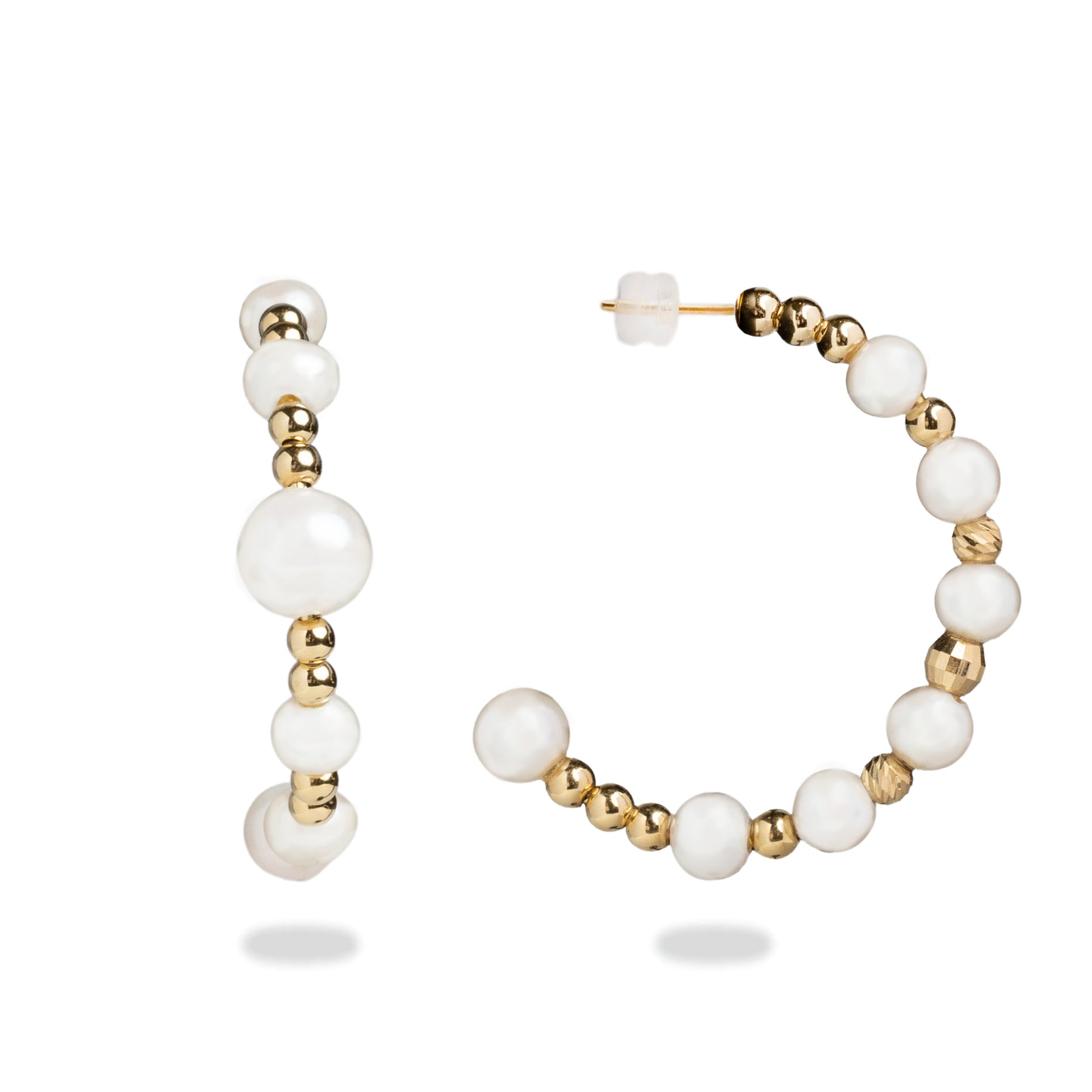 18k yellow gold freshwater pearl and gold bead open small hoop earrings