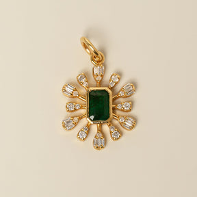 14k yellow gold bezel set green emerald accent round and baguette diamond charm pendant