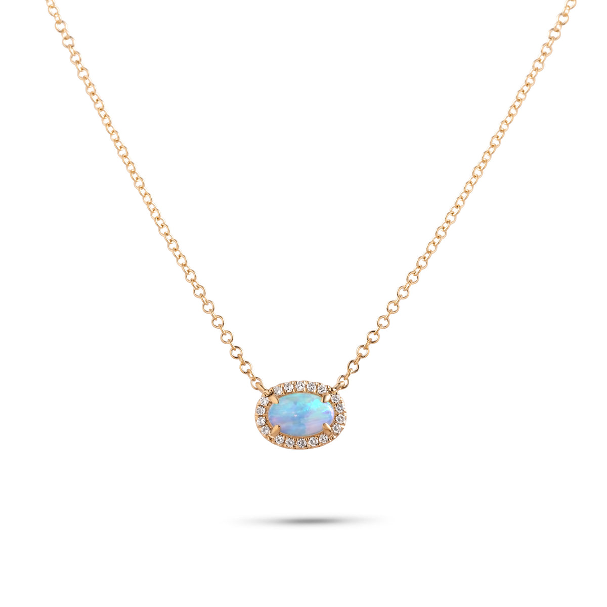14k yellow gold east west oval shape opal with diamond halo 16-18in 