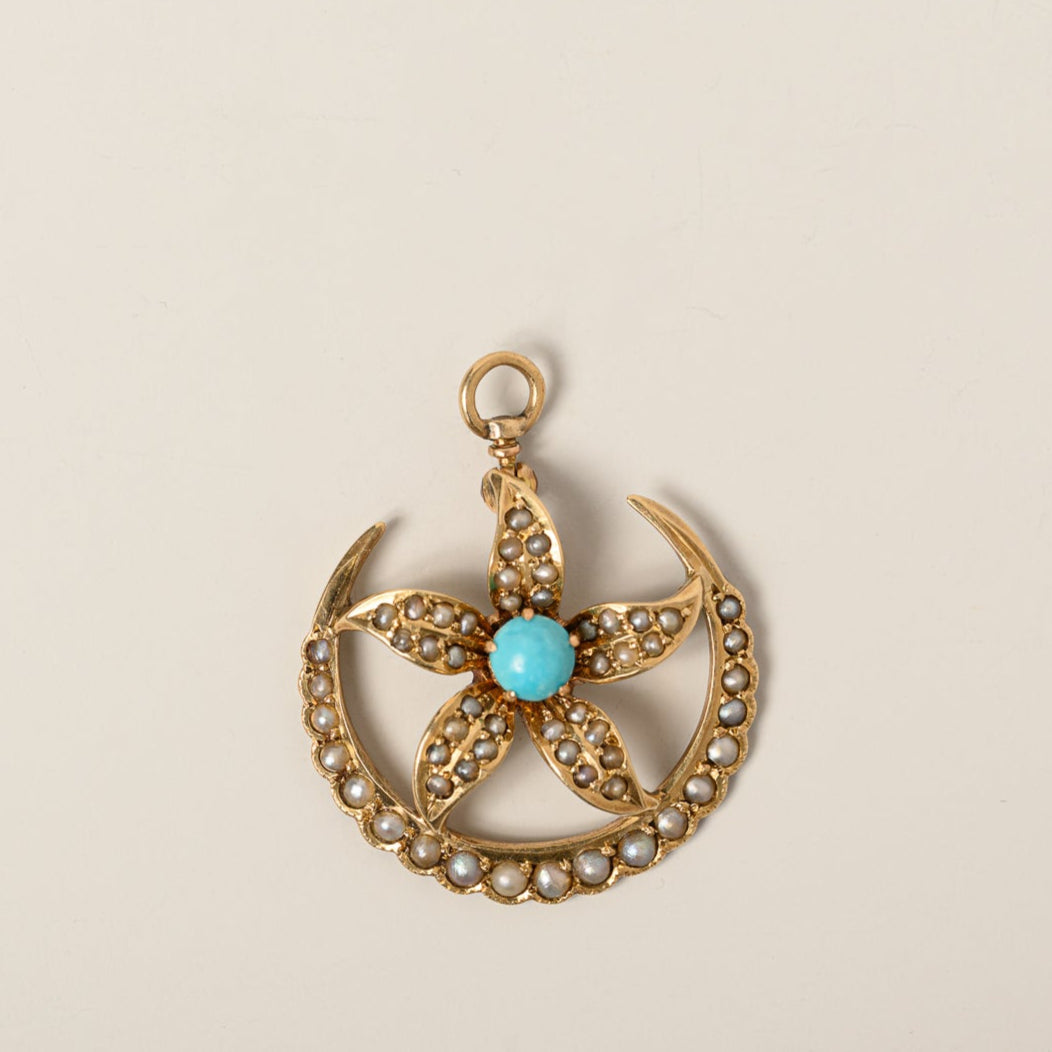 14k yellow gold cabochon turquoise seed pearl flower crescent moon pendant victorian era