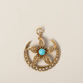 14k yellow gold cabochon turquoise seed pearl flower crescent moon pendant victorian era