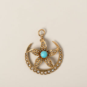 14k yellow gold cabochon turquoise seed pearl flower crescent moon pendant victorian era