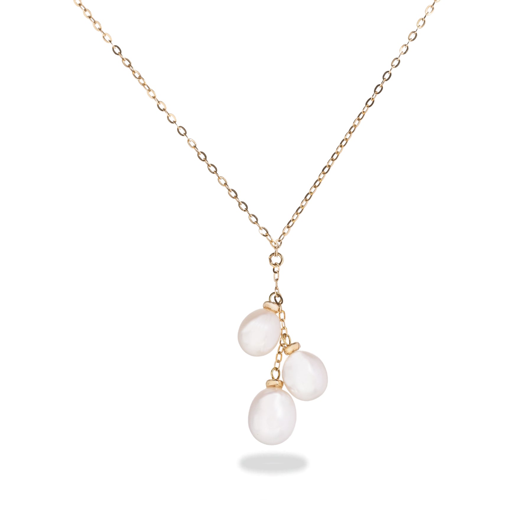 14k yellow gold triple pearl lariat drop necklace