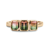 1.50tcw 3 emerald cut watermelon tourmaline bezel set 14k yellow gold ring