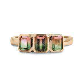 1.50tcw 3 emerald cut watermelon tourmaline bezel set 14k yellow gold ring