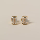 14k yellow gold half bezel set emerald cut lab diamond stud earrings